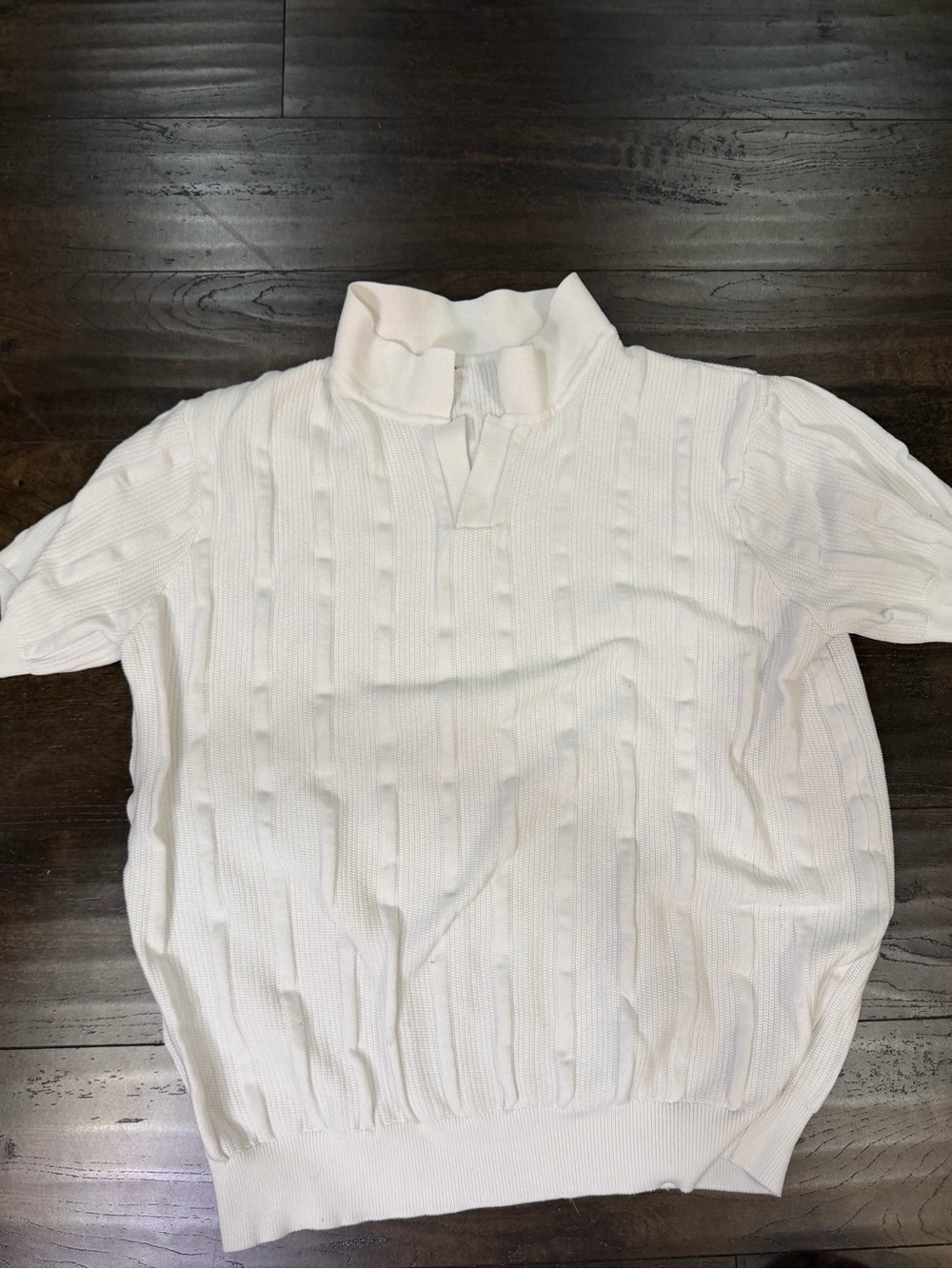 Men's White Short-Sleeve Knit Polo with Textured Rib